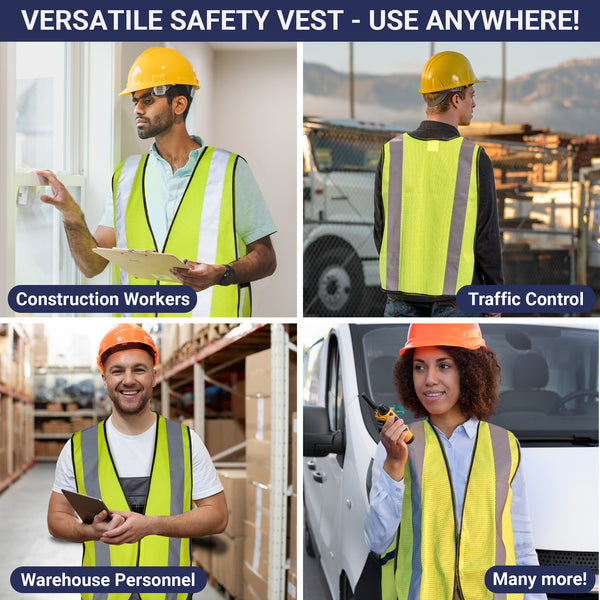 Safety Vest with High Visibility - 2 Inch Reflective Strips, Bright Neon Yellow, Breathable Polyester Mesh Fabric, ANSI ISEA Class Unrated, Hi Viz All Day and Night (10 Pack - Small-Large)
