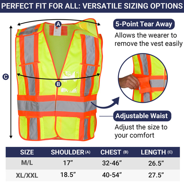 High Visibility Safety Vest – ANSI Class 2 Breakaway Vest with 5 Pockets, Yellow with Adjustable Hook and Loop Closure, Hi Vis Breathable Mesh, Heavy Duty Work Wear for Men or Women, 3 Pack (Medium/Large)