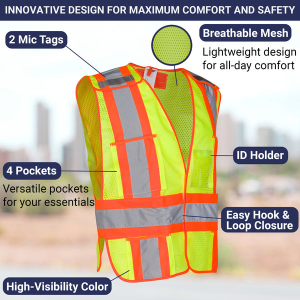 High Visibility Safety Vest – ANSI Class 2 Breakaway Vest with 5 Pockets, Yellow with Adjustable Hook and Loop Closure, Hi Vis Breathable Mesh, Heavy Duty Work Wear for Men or Women, 3 Pack (Medium/Large)