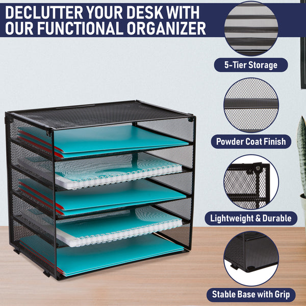 Desk Organizer Tray - Letter Tray in Black Metal Mesh for Organizing Files, Papers, Bills, Folders, Letters, Binders, and More. Desktop Paper Tray Rack for Home, Office, or School (5 Tier)