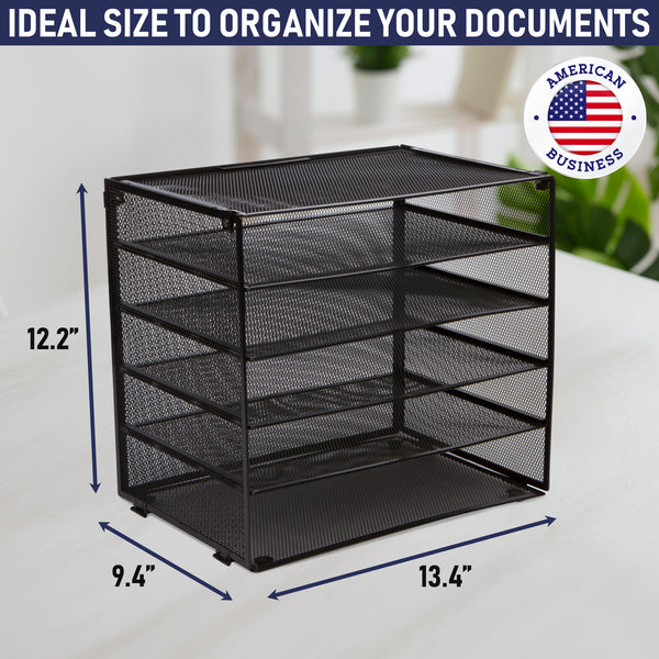 Desk Organizer Tray - Letter Tray in Black Metal Mesh for Organizing Files, Papers, Bills, Folders, Letters, Binders, and More. Desktop Paper Tray Rack for Home, Office, or School (5 Tier)