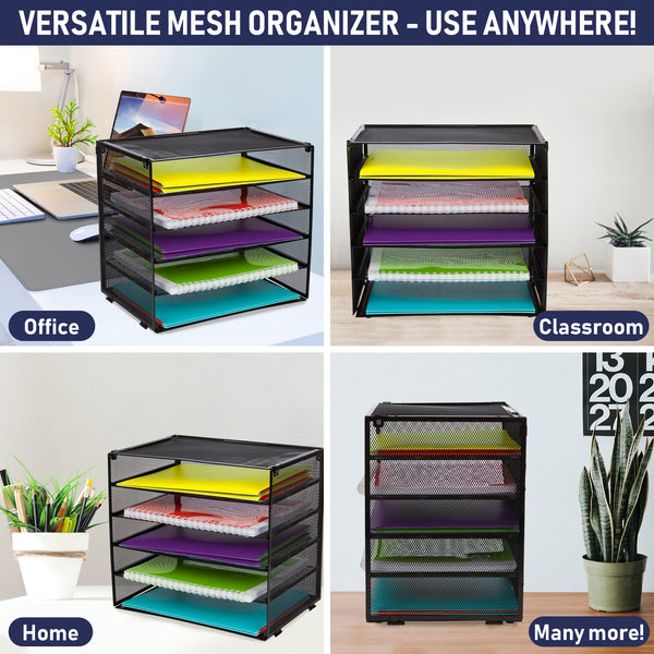 Desk Organizer Tray - Letter Tray in Black Metal Mesh for Organizing Files, Papers, Bills, Folders, Letters, Binders, and More. Desktop Paper Tray Rack for Home, Office, or School (5 Tier)