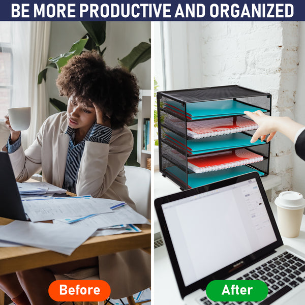 Desk Organizer Tray - Letter Tray in Black Metal Mesh for Organizing Files, Papers, Bills, Folders, Letters, Binders, and More. Desktop Paper Tray Rack for Home, Office, or School (5 Tier)