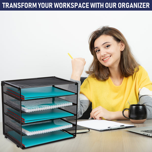 Desk Organizer Tray - Letter Tray in Black Metal Mesh for Organizing Files, Papers, Bills, Folders, Letters, Binders, and More. Desktop Paper Tray Rack for Home, Office, or School (5 Tier)