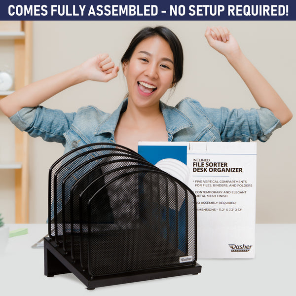 Inclined File Sorter Desk Organizer - File Rack with 5 Upright Sections for Files, Binders, Folders, Clipboards, and More. Desktop Organization for Home, Office, School, and Store
