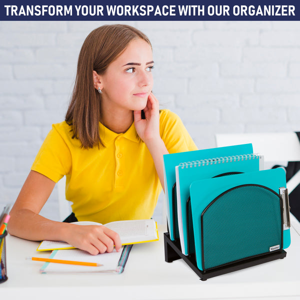 Inclined File Sorter Desk Organizer - File Rack with 5 Upright Sections for Files, Binders, Folders, Clipboards, and More. Desktop Organization for Home, Office, School, and Store