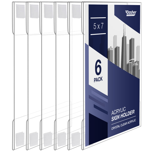 Acrylic Sign Holder with Hook and Loop Adhesive, 5 x 7 inches - Portrait or 7 x 5 inches - Landscape, Clear Wall Mount Frame, Perfect for home, office, store, restaurant (6 Pack)