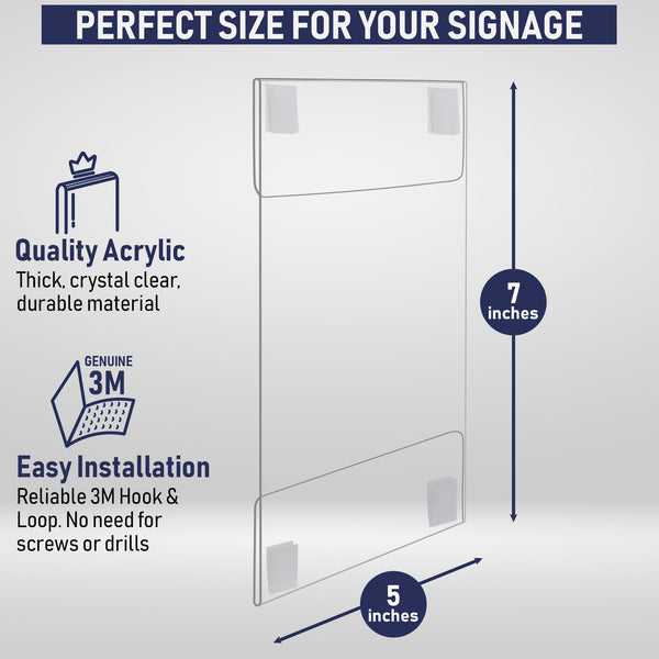 Acrylic Sign Holder with Hook and Loop Adhesive, 5 x 7 inches - Portrait or 7 x 5 inches - Landscape, Clear Wall Mount Frame, Perfect for home, office, store, restaurant (6 Pack)