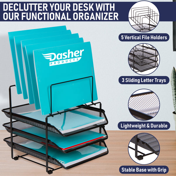 Mesh Desk Organizer and Storage - Office Organizer with 3 Sliding Letter Trays and 5 Vertical File Holders, File Rack for Binders, Folders, Clipboards. Steel Mesh Letter Trays for Desk Organization