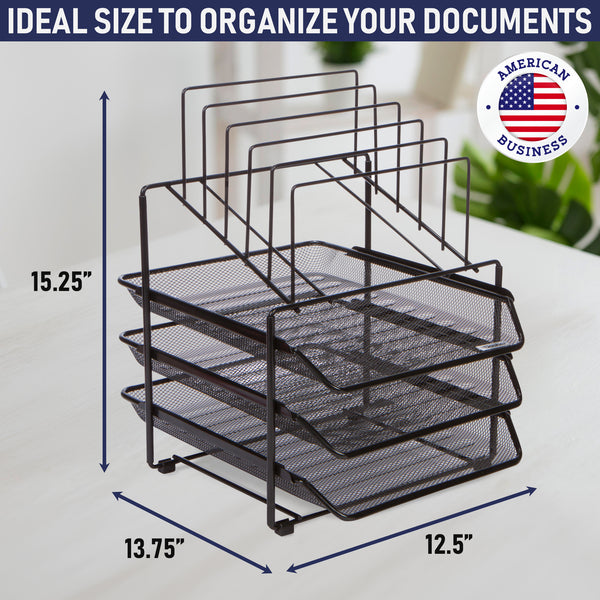 Mesh Desk Organizer and Storage - Office Organizer with 3 Sliding Letter Trays and 5 Vertical File Holders, File Rack for Binders, Folders, Clipboards. Steel Mesh Letter Trays for Desk Organization