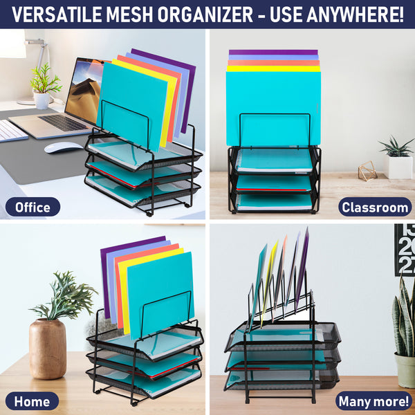 Mesh Desk Organizer and Storage - Office Organizer with 3 Sliding Letter Trays and 5 Vertical File Holders, File Rack for Binders, Folders, Clipboards. Steel Mesh Letter Trays for Desk Organization