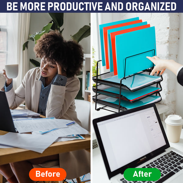 Mesh Desk Organizer and Storage - Office Organizer with 3 Sliding Letter Trays and 5 Vertical File Holders, File Rack for Binders, Folders, Clipboards. Steel Mesh Letter Trays for Desk Organization