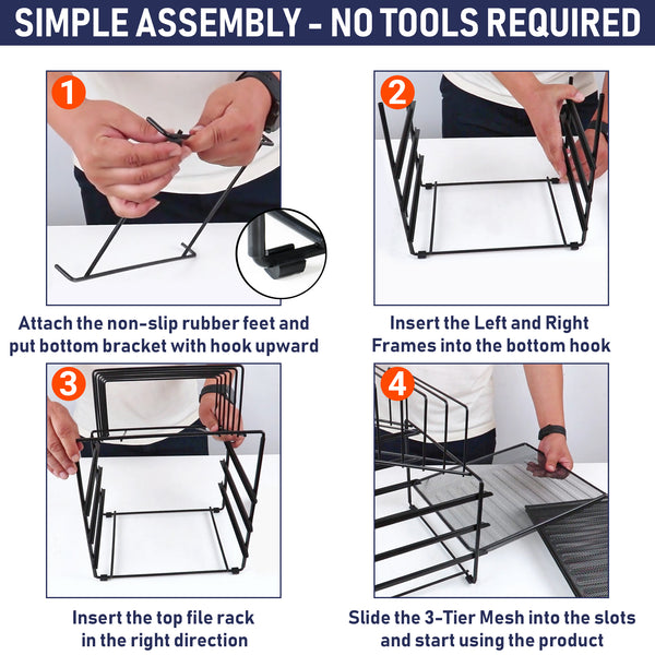 Mesh Desk Organizer and Storage - Office Organizer with 3 Sliding Letter Trays and 5 Vertical File Holders, File Rack for Binders, Folders, Clipboards. Steel Mesh Letter Trays for Desk Organization