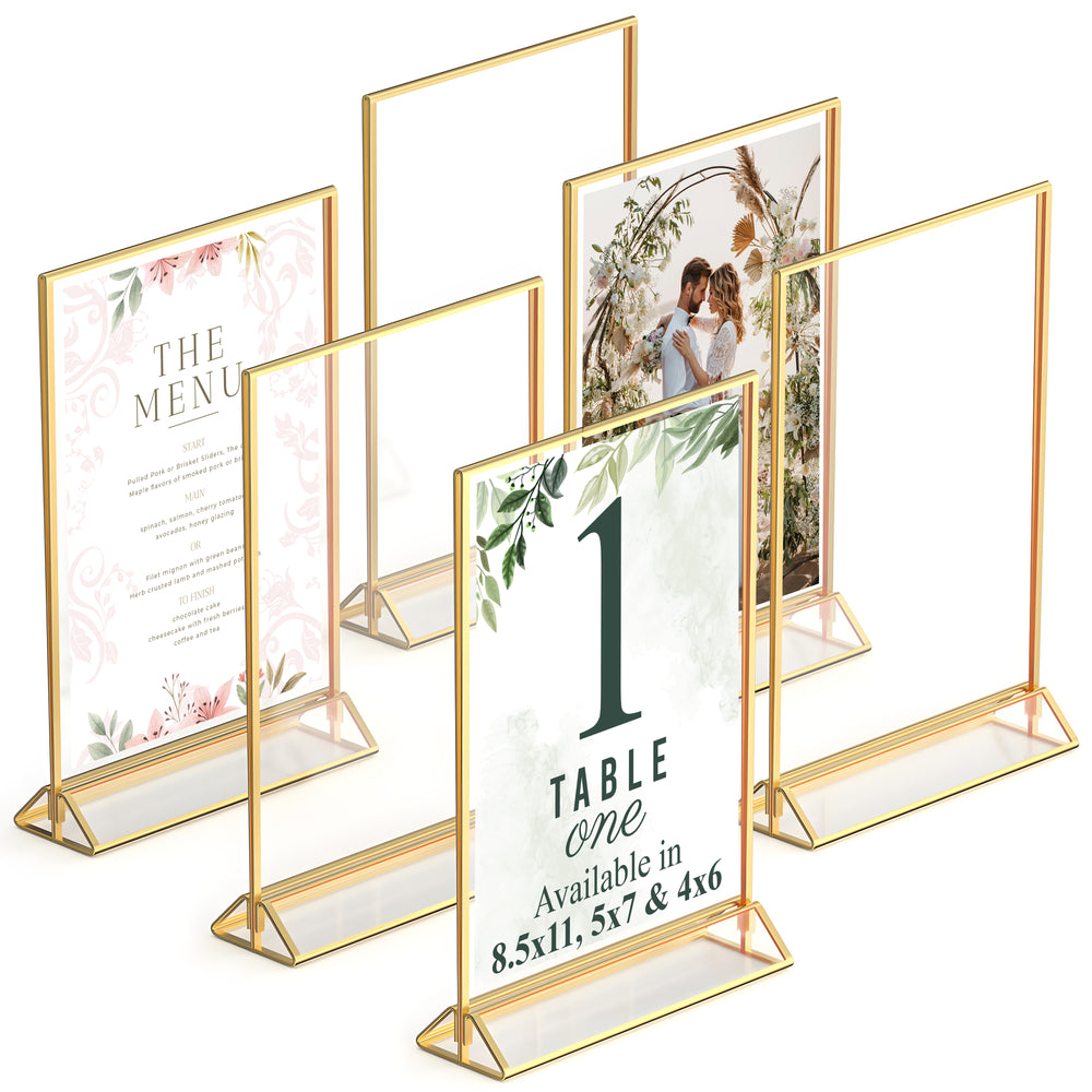 Gold Picture Frames Double Sided - 6 Pack - 5x7 Acrylic Gold Table Number Holders, Clear Easel Table Stands for Signs, Gold Frames for Wedding Table Numbers, Menu Holder, Photo Frame