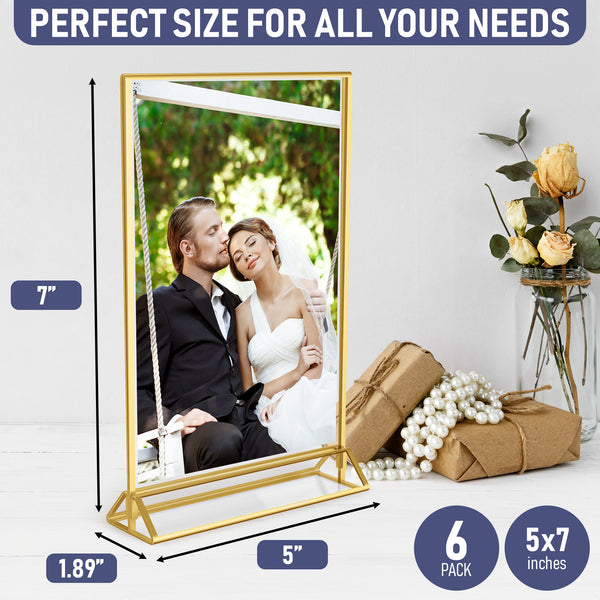 Gold Picture Frames Double Sided - 6 Pack - 5x7 Acrylic Gold Table Number Holders, Clear Easel Table Stands for Signs, Gold Frames for Wedding Table Numbers, Menu Holder, Photo Frame