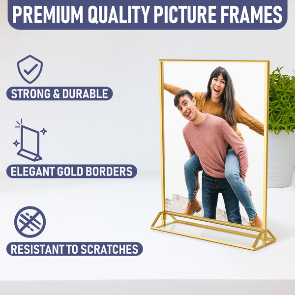 Dasher Products Gold Picture Frames Double Sided - 6 Pack - 4x6 Acrylic Gold Table Number Holders, Clear Easel Table Stands for Signs, Gold Frames for Wedding Table Numbers, Menu Holder, Photo Frame