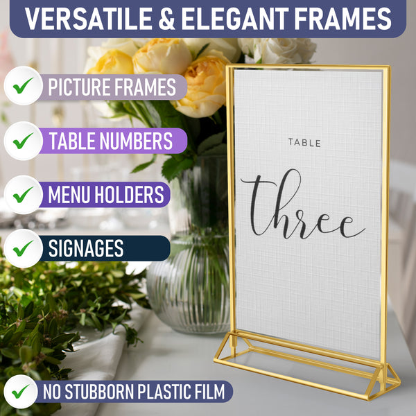 Dasher Products Gold Picture Frames Double Sided - 6 Pack - 4x6 Acrylic Gold Table Number Holders, Clear Easel Table Stands for Signs, Gold Frames for Wedding Table Numbers, Menu Holder, Photo Frame
