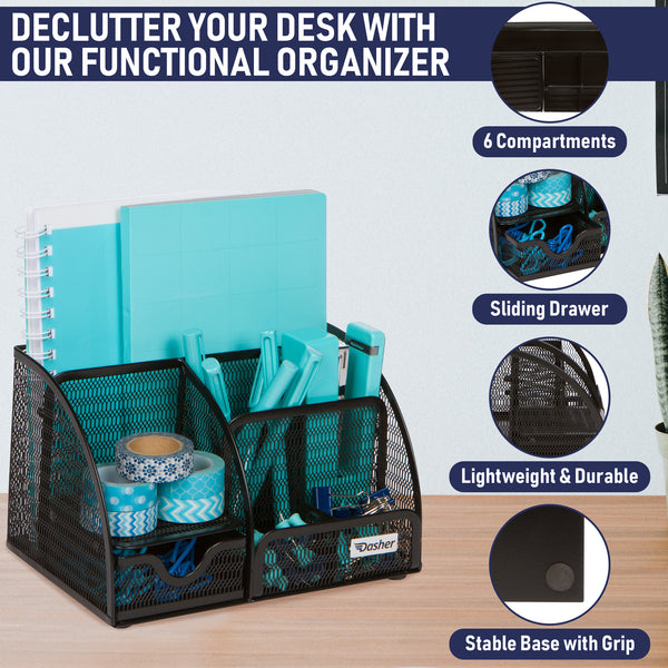 Office Desk Organizers and Accessories - 6 Compartment Black Mesh Office Organizer with Sliding Drawer, Desktop Organizer Caddy for Storing Pens, Pencils, Notepads, Staplers, Bills, Paper Clips (Black - 1 pc)
