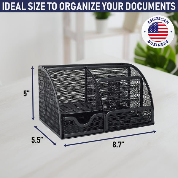 Office Desk Organizers and Accessories - 6 Compartment Black Mesh Office Organizer with Sliding Drawer, Desktop Organizer Caddy for Storing Pens, Pencils, Notepads, Staplers, Bills, Paper Clips (Black - 1 pc)