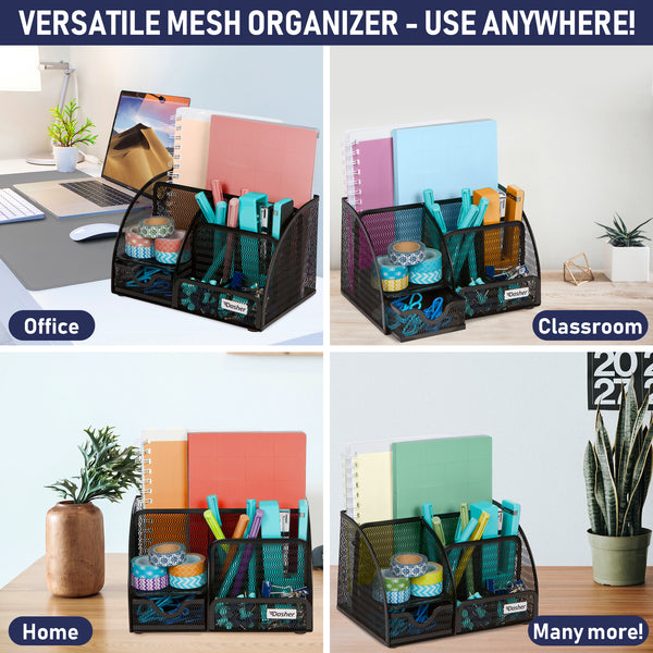 Office Desk Organizers and Accessories - 6 Compartment Black Mesh Office Organizer with Sliding Drawer, Desktop Organizer Caddy for Storing Pens, Pencils, Notepads, Staplers, Bills, Paper Clips (Black - 1 pc)