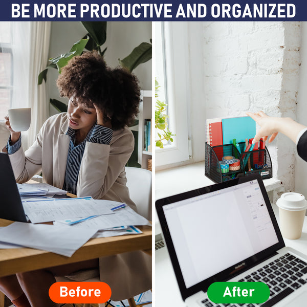 Office Desk Organizers and Accessories - 6 Compartment Black Mesh Office Organizer with Sliding Drawer, Desktop Organizer Caddy for Storing Pens, Pencils, Notepads, Staplers, Bills, Paper Clips (Black - 1 pc)