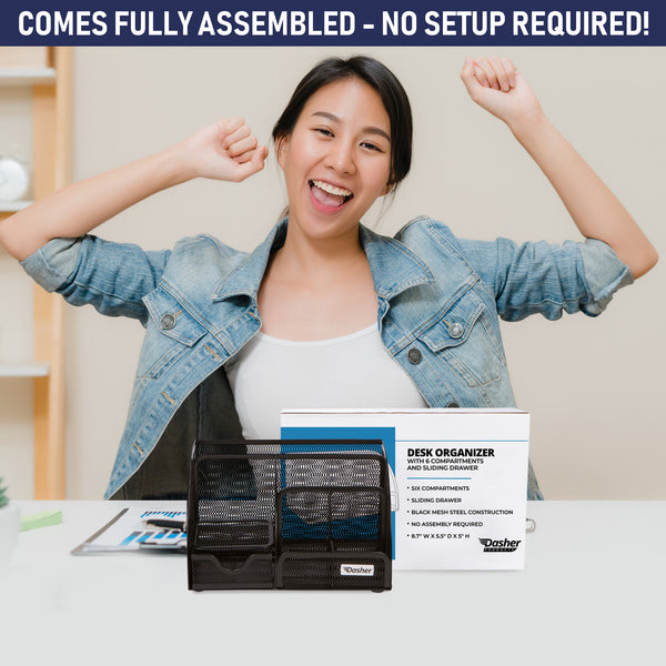 Office Desk Organizers and Accessories - 6 Compartment Black Mesh Office Organizer with Sliding Drawer, Desktop Organizer Caddy for Storing Pens, Pencils, Notepads, Staplers, Bills, Paper Clips (Black - 1 pc)