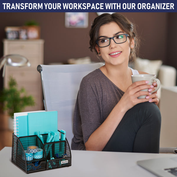 Office Desk Organizers and Accessories - 6 Compartment Black Mesh Office Organizer with Sliding Drawer, Desktop Organizer Caddy for Storing Pens, Pencils, Notepads, Staplers, Bills, Paper Clips (Black - 1 pc)