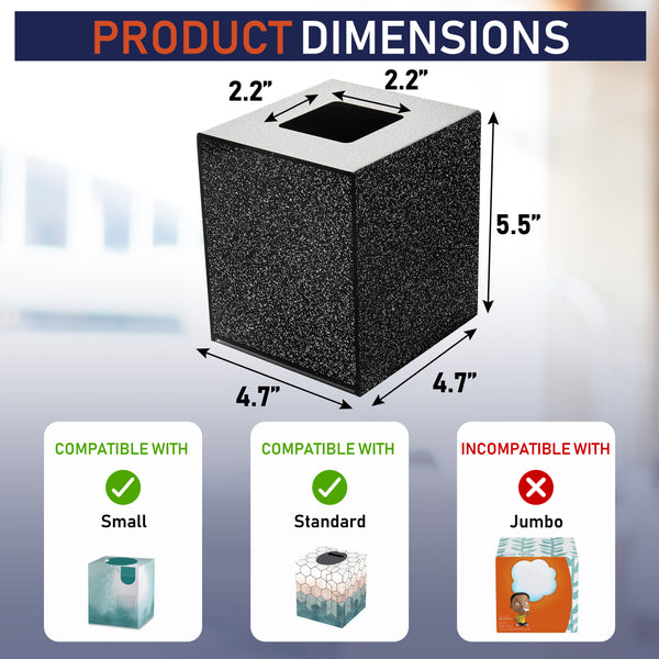 Acrylic Tissue Box Holder, Square Tissue Box Dispenser for Facial Tissue, Napkins, Dryer Sheets. Perfect Cover for Bathroom, Desks, Countertops, Vanity, Bedroom, Night Stands (Square, Black Glitter)