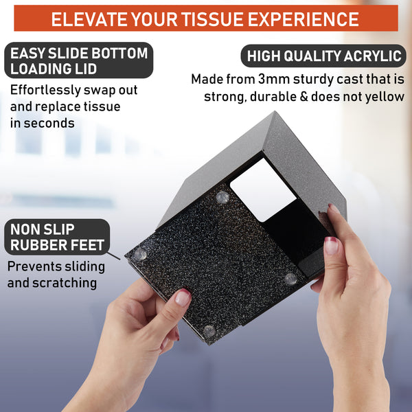 Acrylic Tissue Box Holder, Square Tissue Box Dispenser for Facial Tissue, Napkins, Dryer Sheets. Perfect Cover for Bathroom, Desks, Countertops, Vanity, Bedroom, Night Stands (Square, Black Glitter)