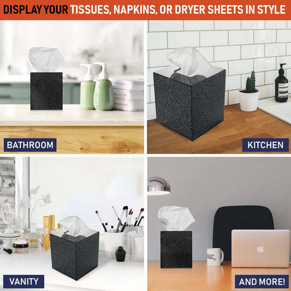 Acrylic Tissue Box Holder, Square Tissue Box Dispenser for Facial Tissue, Napkins, Dryer Sheets. Perfect Cover for Bathroom, Desks, Countertops, Vanity, Bedroom, Night Stands (Square, Black Glitter)