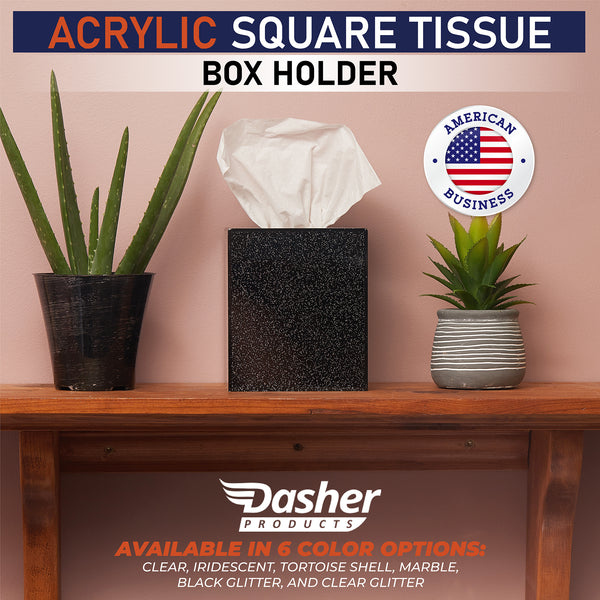 Acrylic Tissue Box Holder, Square Tissue Box Dispenser for Facial Tissue, Napkins, Dryer Sheets. Perfect Cover for Bathroom, Desks, Countertops, Vanity, Bedroom, Night Stands (Square, Black Glitter)