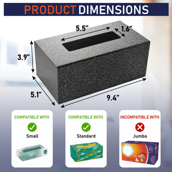Acrylic Tissue Box Holder, Clear Tissue Box Dispenser for Facial Tissue, Napkins, Dryer Sheets. Perfect Cover for Bathroom, Desks, Countertops, Vanity, Bedroom, Night Stands (Rectangle, Black Glitter)