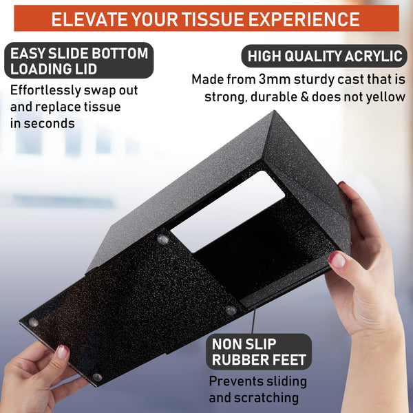 Acrylic Tissue Box Holder, Clear Tissue Box Dispenser for Facial Tissue, Napkins, Dryer Sheets. Perfect Cover for Bathroom, Desks, Countertops, Vanity, Bedroom, Night Stands (Rectangle, Black Glitter)