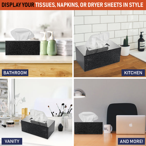 Acrylic Tissue Box Holder, Clear Tissue Box Dispenser for Facial Tissue, Napkins, Dryer Sheets. Perfect Cover for Bathroom, Desks, Countertops, Vanity, Bedroom, Night Stands (Rectangle, Black Glitter)