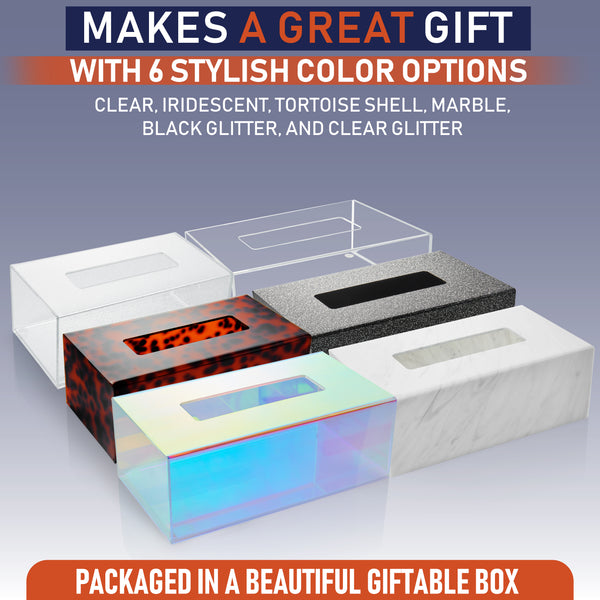 Acrylic Tissue Box Holder, Clear Tissue Box Dispenser for Facial Tissue, Napkins, Dryer Sheets. Perfect Cover for Bathroom, Desks, Countertops, Vanity, Bedroom, Night Stands (Rectangle, Black Glitter)