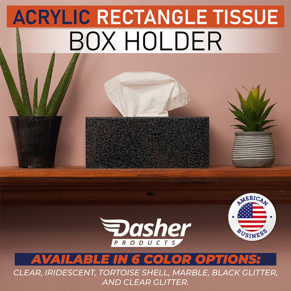 Acrylic Tissue Box Holder, Clear Tissue Box Dispenser for Facial Tissue, Napkins, Dryer Sheets. Perfect Cover for Bathroom, Desks, Countertops, Vanity, Bedroom, Night Stands (Rectangle, Black Glitter)