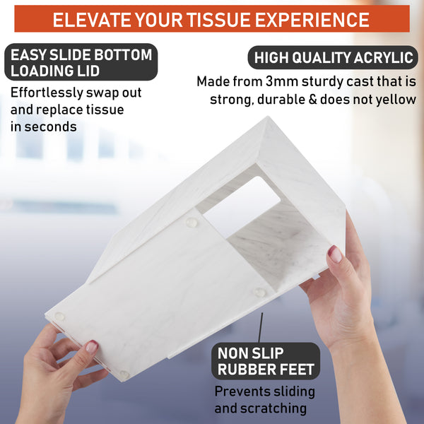 Acrylic Tissue Box Holder, Clear Tissue Box Dispenser for Facial Tissue, Napkins, Dryer Sheets. Perfect Cover for Bathroom, Desks, Countertops, Vanity, Bedroom, Night Stands (Rectangle, Marble)