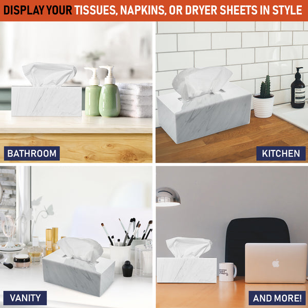 Acrylic Tissue Box Holder, Clear Tissue Box Dispenser for Facial Tissue, Napkins, Dryer Sheets. Perfect Cover for Bathroom, Desks, Countertops, Vanity, Bedroom, Night Stands (Rectangle, Marble)