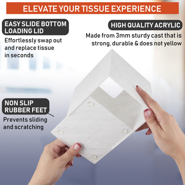 Acrylic Tissue Box Holder, Square Tissue Box Dispenser for Facial Tissue, Napkins, Dryer Sheets. Perfect for Bathroom, Desks, Countertop, Vanity, Bedroom Dressers, Night Stands (Square, Marble)