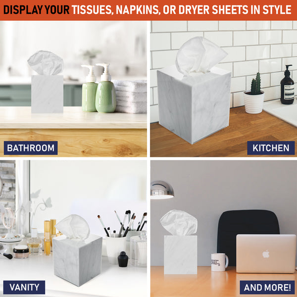 Acrylic Tissue Box Holder, Square Tissue Box Dispenser for Facial Tissue, Napkins, Dryer Sheets. Perfect for Bathroom, Desks, Countertop, Vanity, Bedroom Dressers, Night Stands (Square, Marble)