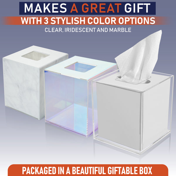 Acrylic Tissue Box Holder, Square Tissue Box Dispenser for Facial Tissue, Napkins, Dryer Sheets. Perfect for Bathroom, Desks, Countertop, Vanity, Bedroom Dressers, Night Stands (Square, Marble)