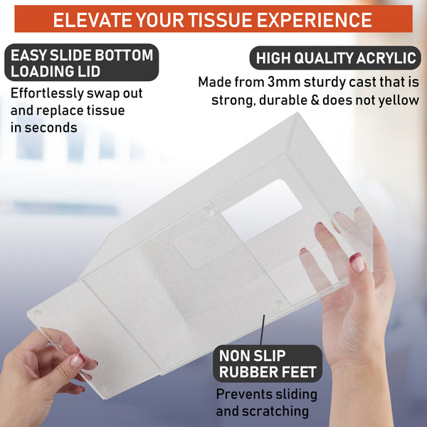 Acrylic Tissue Box Holder, Clear Tissue Box Dispenser for Facial Tissue, Napkins, Dryer Sheets. Perfect Cover for Bathroom, Desks, Countertops, Vanity, Bedroom, Night Stands (Rectangle, Clear Glitter)