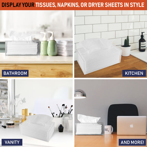 Acrylic Tissue Box Holder, Clear Tissue Box Dispenser for Facial Tissue, Napkins, Dryer Sheets. Perfect Cover for Bathroom, Desks, Countertops, Vanity, Bedroom, Night Stands (Rectangle, Clear Glitter)