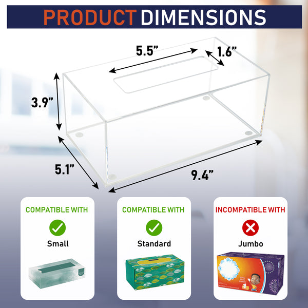 Acrylic Tissue Box Holder, Clear Tissue Box Dispenser for Facial Tissue, Napkins, Dryer Sheets. Perfect Cover for Bathroom, Desks, Countertops, Vanity, Bedroom, Night Stands (Rectangle, Clear)