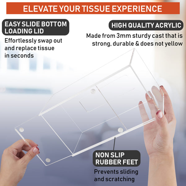 Acrylic Tissue Box Holder, Clear Tissue Box Dispenser for Facial Tissue, Napkins, Dryer Sheets. Perfect Cover for Bathroom, Desks, Countertops, Vanity, Bedroom, Night Stands (Rectangle, Clear)