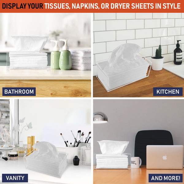 Acrylic Tissue Box Holder, Clear Tissue Box Dispenser for Facial Tissue, Napkins, Dryer Sheets. Perfect Cover for Bathroom, Desks, Countertops, Vanity, Bedroom, Night Stands (Rectangle, Clear)