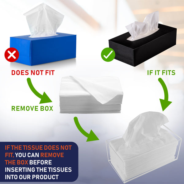 Acrylic Tissue Box Holder, Clear Tissue Box Dispenser for Facial Tissue, Napkins, Dryer Sheets. Perfect Cover for Bathroom, Desks, Countertops, Vanity, Bedroom, Night Stands (Rectangle, Clear)