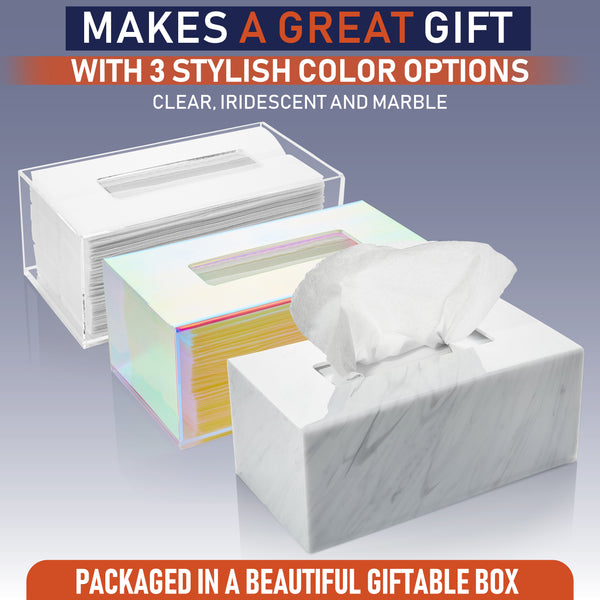Acrylic Tissue Box Holder, Clear Tissue Box Dispenser for Facial Tissue, Napkins, Dryer Sheets. Perfect Cover for Bathroom, Desks, Countertops, Vanity, Bedroom, Night Stands (Rectangle, Iridescent)