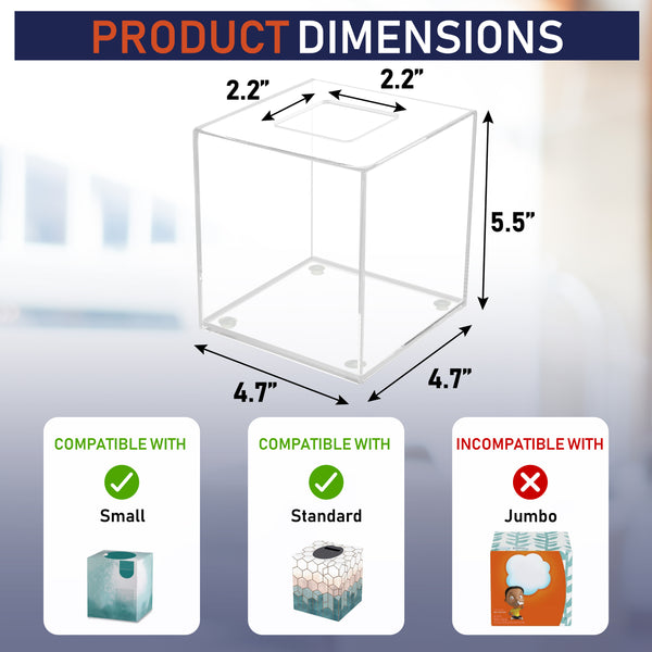 Acrylic Tissue Box Holder, Square Clear Tissue Box Dispenser for Facial Tissue, Napkins, Dryer Sheets. Perfect for Bathroom, Desks, Countertop, Vanity, Bedroom Dressers, Night Stands (Square, Clear)