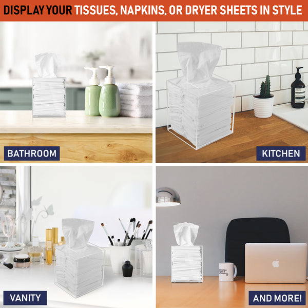 Acrylic Tissue Box Holder, Square Clear Tissue Box Dispenser for Facial Tissue, Napkins, Dryer Sheets. Perfect for Bathroom, Desks, Countertop, Vanity, Bedroom Dressers, Night Stands (Square, Clear)